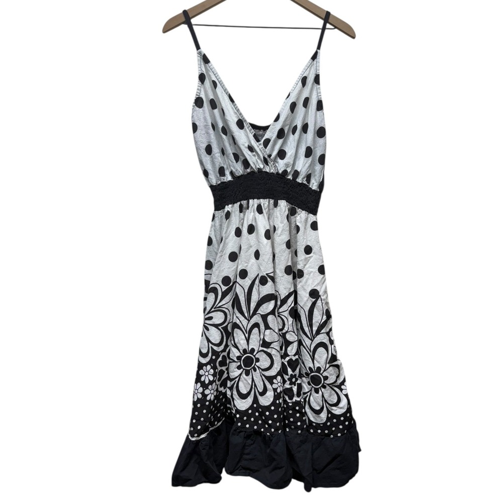 J Gee Women XL White Black Boho Midi Dress Floral Polka Dot Smocked Cottagecore